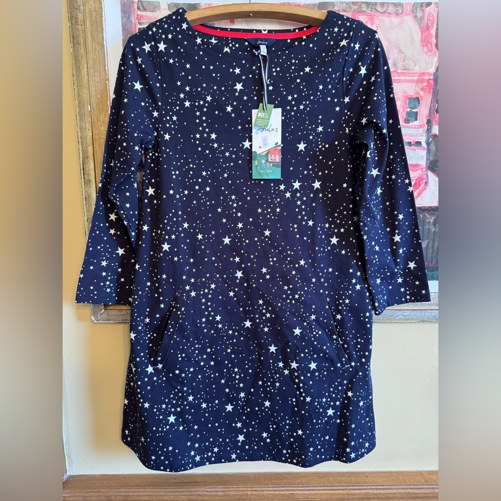 Joules Navy Star-Print Shift Dress with White Stars and Pink Trim